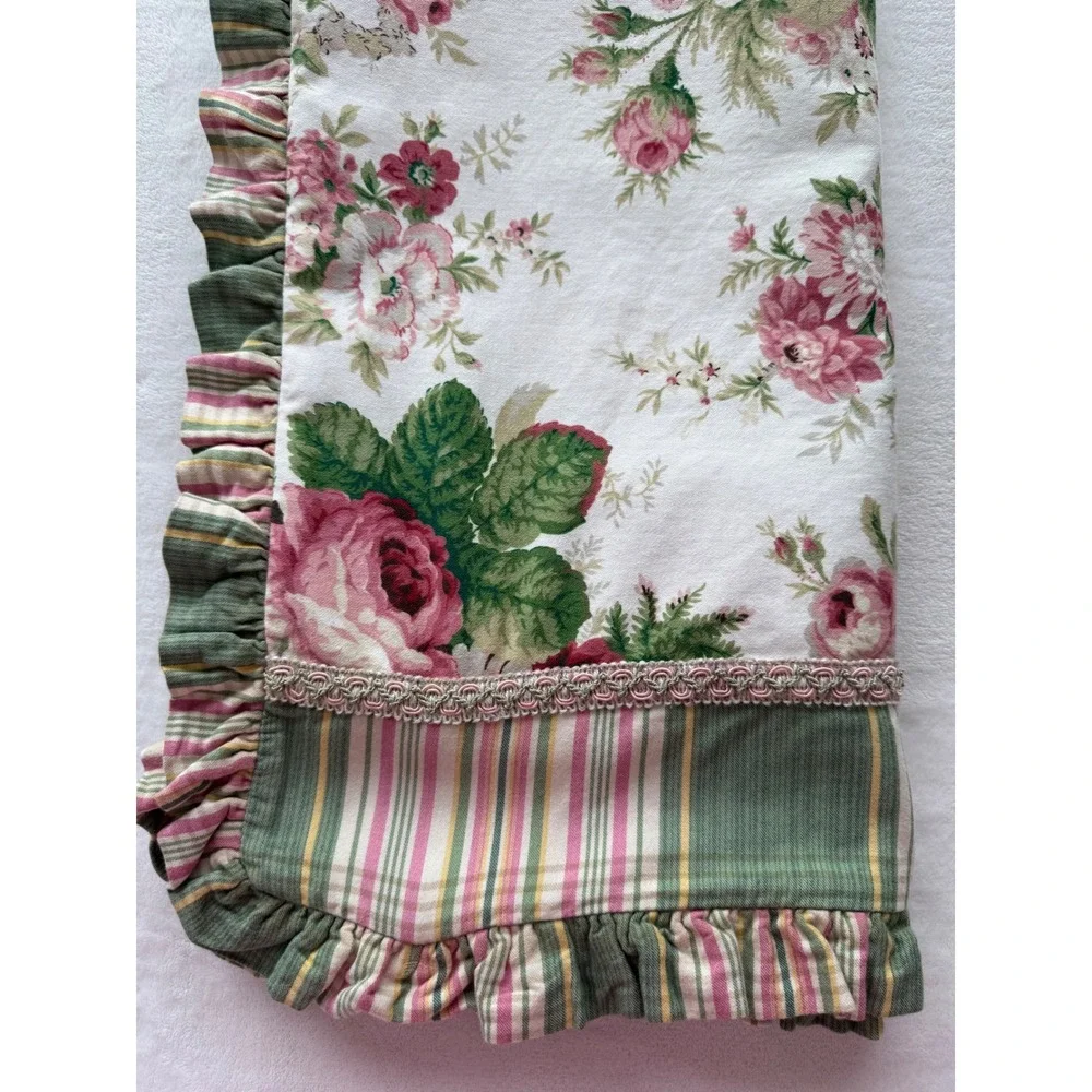 One‎ Vintage Waverly King Size Pillow Sham Pink Green Floral Stripes Ruffles